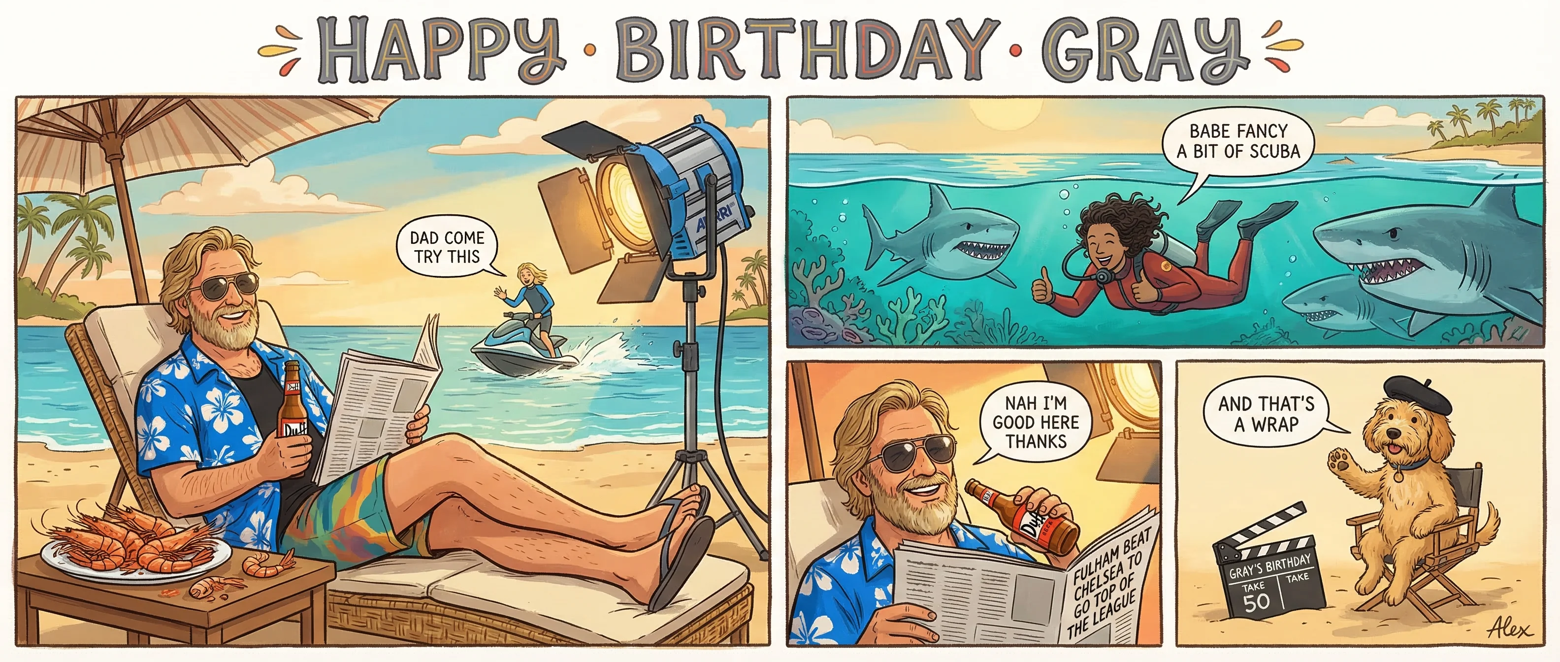 Gray's birthday comic strip - a personalised comic set on a Thai beach