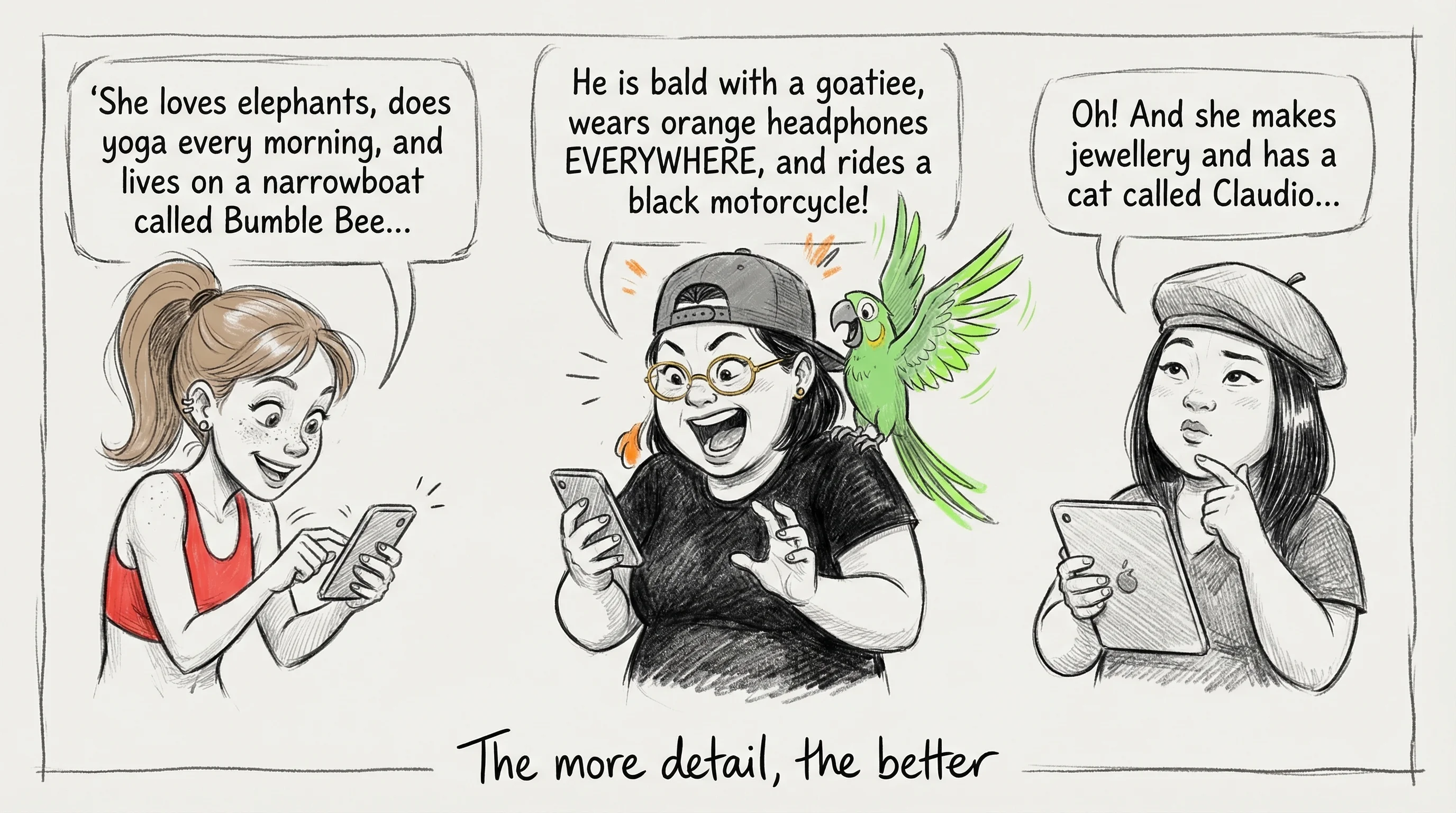 Inka and Celeste describing their characters in detail