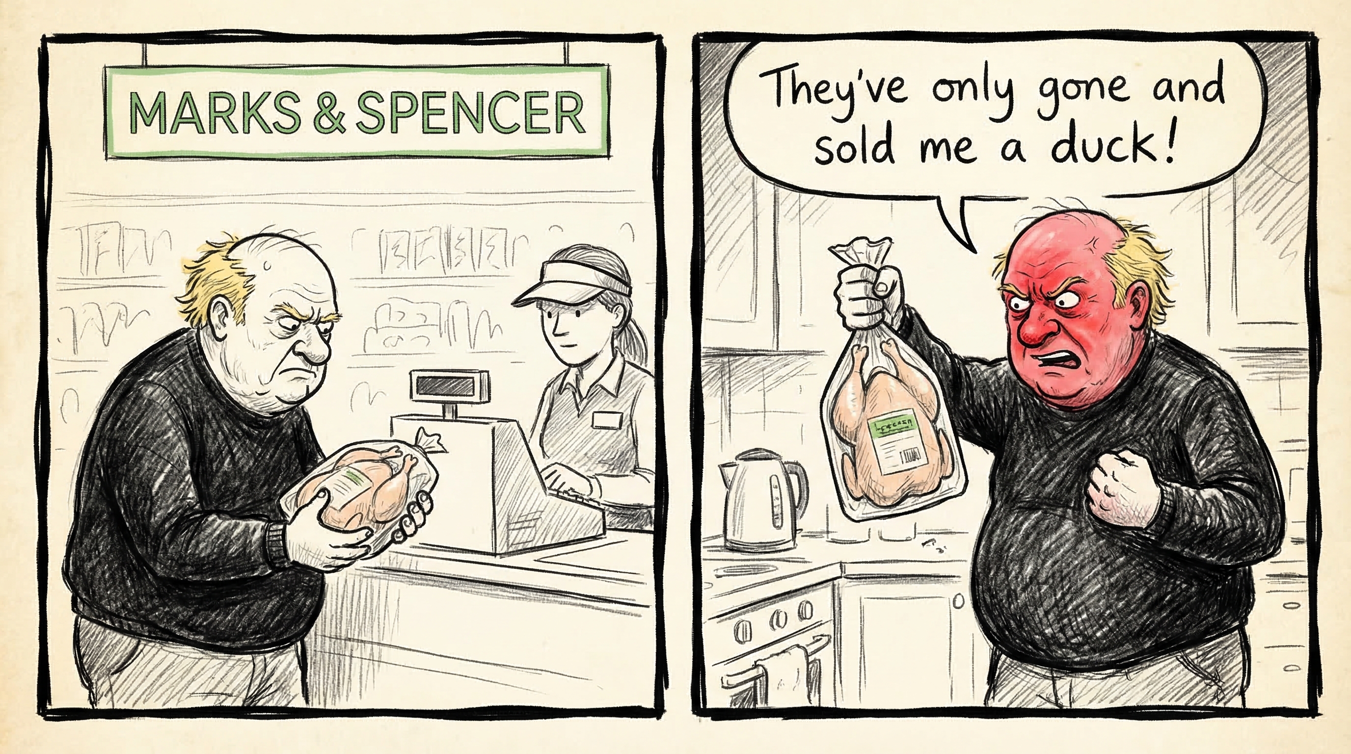 Colin buys a chicken at Marks and Spencer, holds it upside down - notebook style