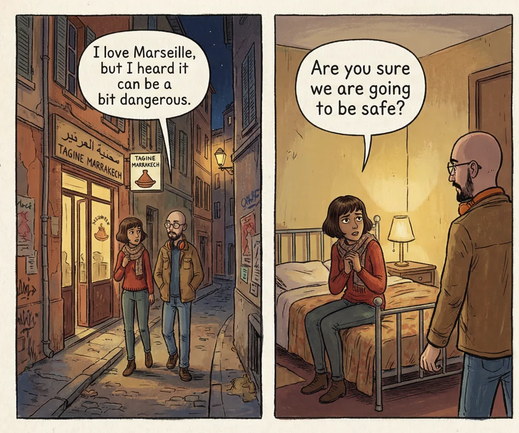 Marseille street and hotel room - illustrated style, warm colours