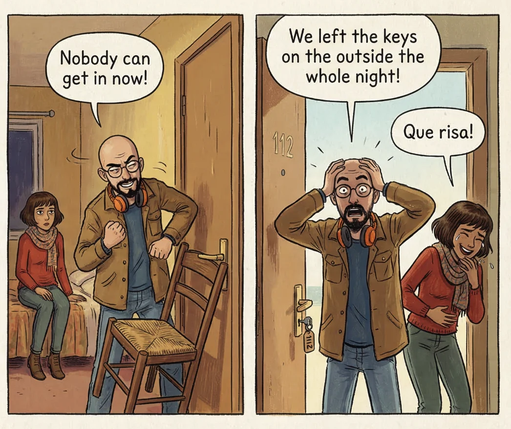 Keys left on the outside of the door - illustrated style, que risa