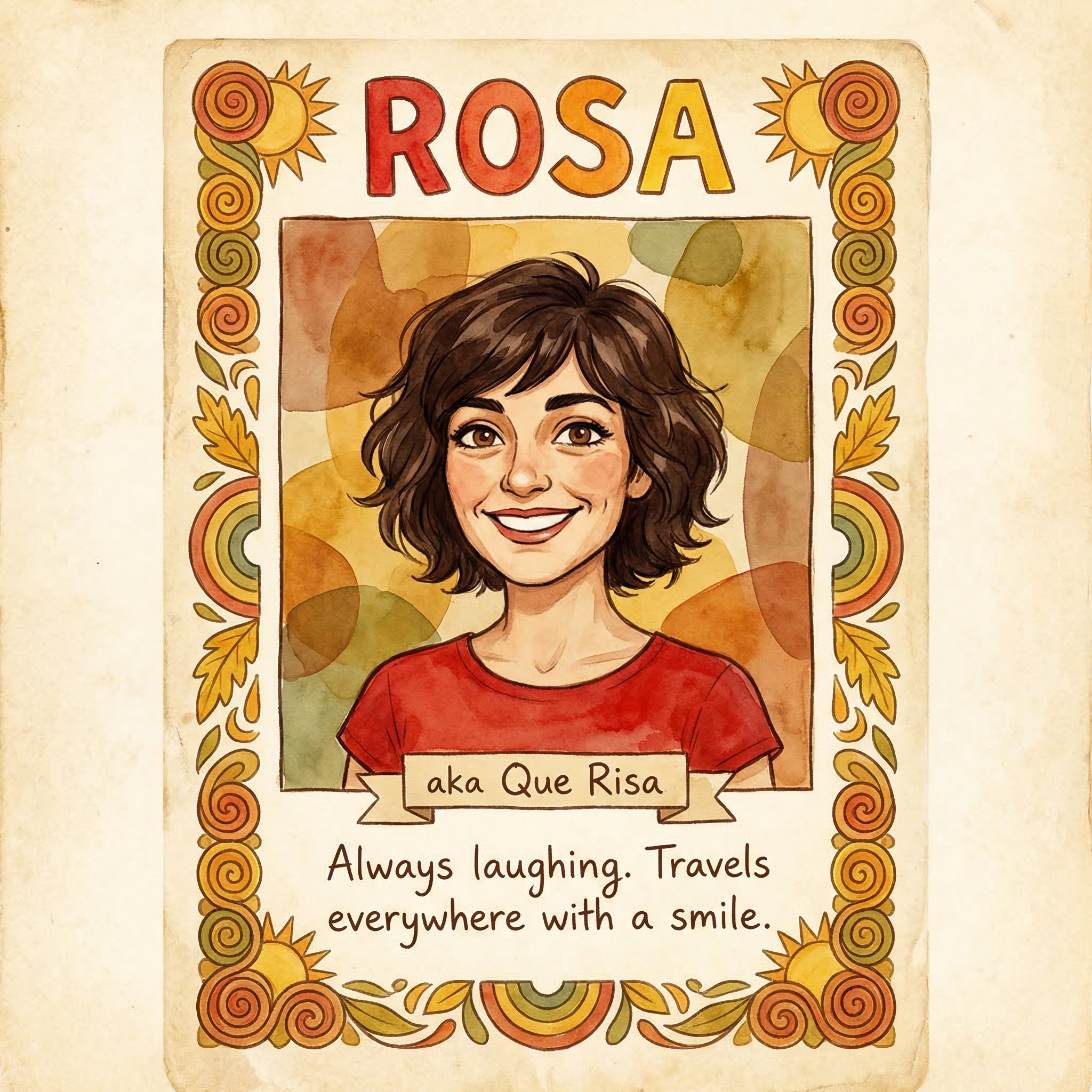 Rosa character profile card - illustrated style, warm full colour