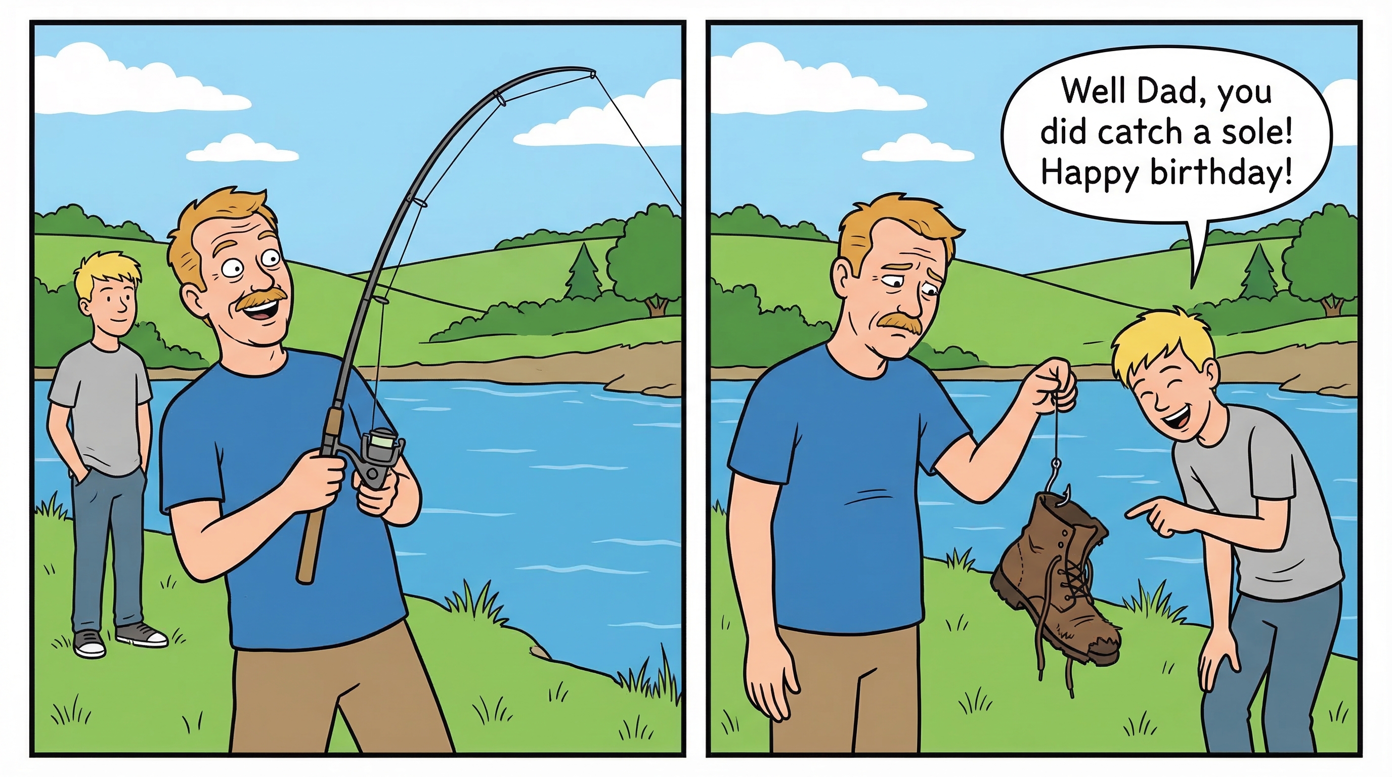 Tom catches a sole - old boot on the fishing line - ligne claire style