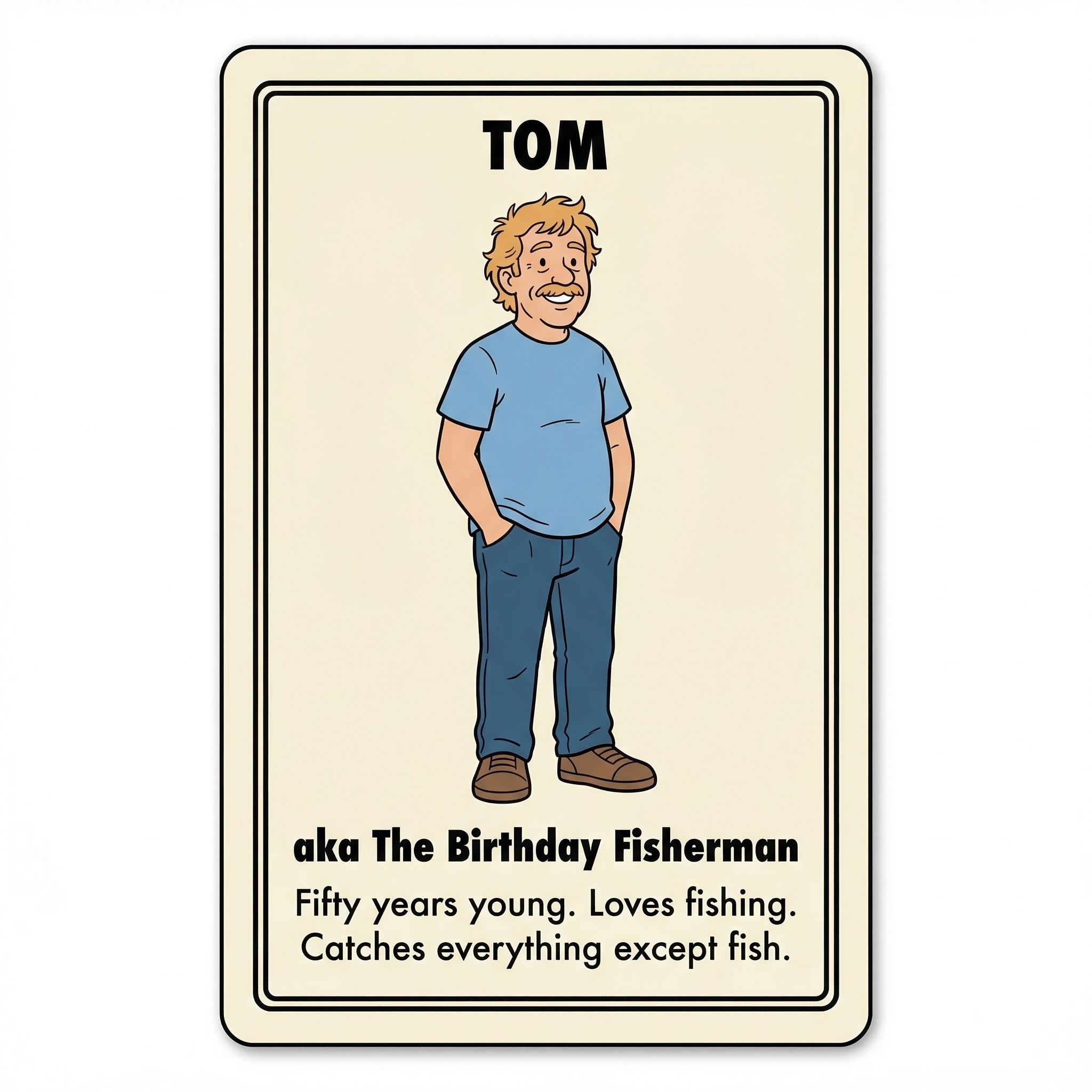 Tom character profile card - ligne claire style, clean flat colours