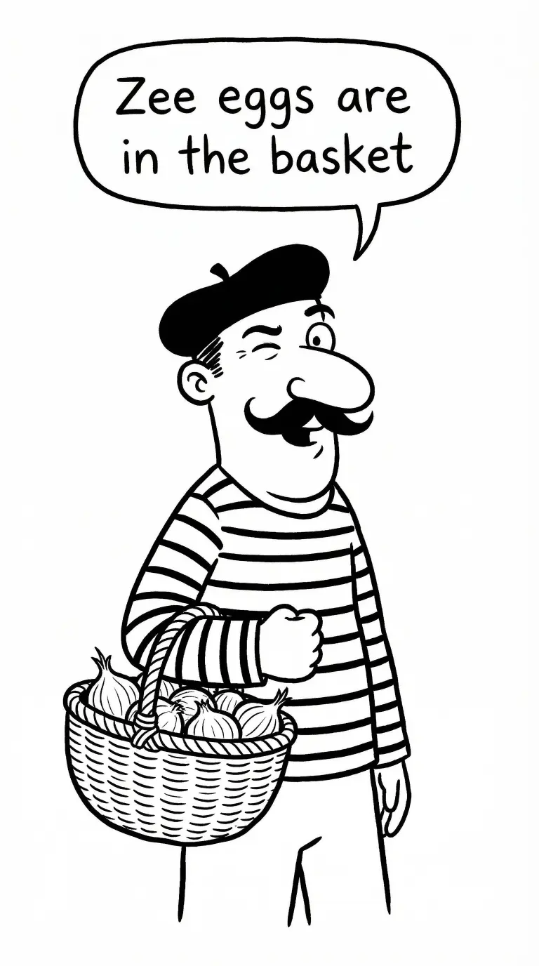 Comic character — French onion seller with a knowing wink